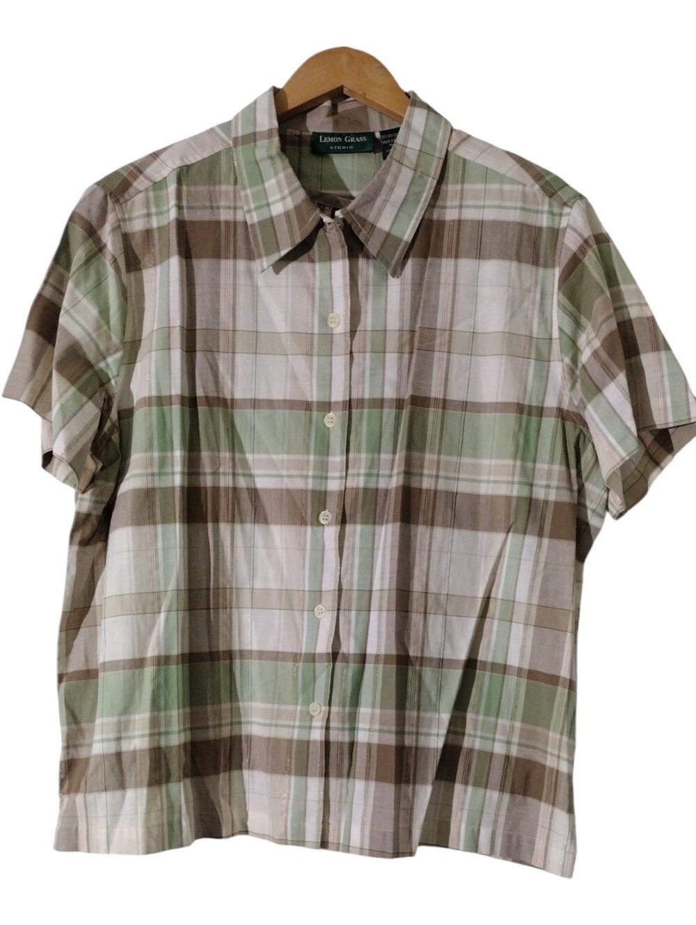 Vintage Lemon Grass Women’s Short-Sleeve Plaid Button-Down Shirt - Green/Brown
